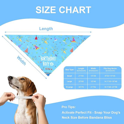 Dog Birthday Bandana Boy for Small Dogs, Reversible 2 Patterns in 1, Blue Confetti Scarf, Happy Birthday Party Outfit Puppy Gift (9-14" Neck)