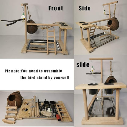 Parakeet Playground Bird Play Stand Natural Wood Perch Gym Parrots Nest Climb Swing Ladders with Feeder Cups Lovebirds Cage Accessories Toy Exercise Activity for Conure Cockatiel Lovebirds