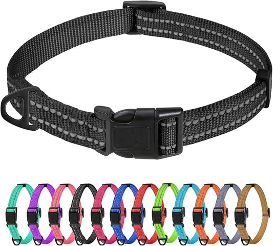TagME Small Dog Collar, Adjustable Reflective Nylon Pet Collar with Quick Release Buckle for Extra Small Dogs, Black, 5/8" Width