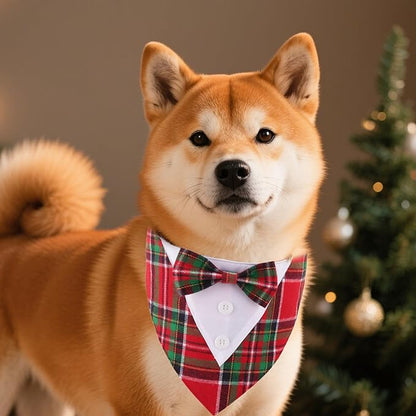 ADOGGYGO Christmas Dog Tuxedo Bandana, Red Green Plaid Pet Xmas Collar with Bow, Adjustable Christmas Costume for Small Dogs (S)