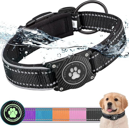 Airtag Dog Collar with Waterproof Air Tag Holder, Luminous Reflective, Soft Padded, Adjustable Nylon Pet Collar for Small Medium Large Heavy Duty Dogs,Black, S