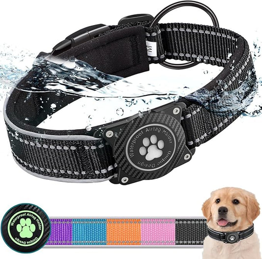 Airtag Dog Collar with Waterproof Air Tag Holder, Luminous Reflective, Soft Padded, Adjustable Nylon Pet Collar for Small Medium Large Heavy Duty Dogs,Black, L
