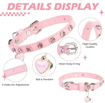 EXPAWLORER Leather Cat Collar for Girl Boy- Adjustable Pet Collar with Safety Elastic Belt,Personalized Rhinestone Accessories Buckle Collars with Bell & Durable D-Ring,Rhinestone (Pink)