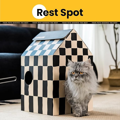 Cardboard Cat House with Scratch Pad & Catnip, Cat Play Scratching House for Indoor Hideaway Furniture, Heavy Duty Sturdy Cardboard Scratcher, Easy to Assemble Birthday Gift, Medium
