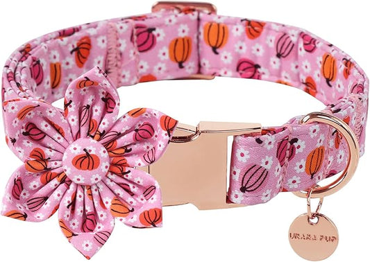 Halloween Pumpkin Dog Collar with Flower, Pink Halloween Puppy Flower Collar with Adjustable Metal Buckle,Fancy Halloween Dog Collar Bowtie Gift for Girl Boy Dog,XL