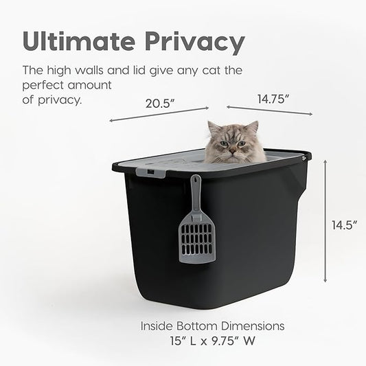 IRIS USA Cat Litter Box, Large Cat Box Enclosure, Top Entry with Litter Catching Lid, Enclosed with Scoop, Black/Gray