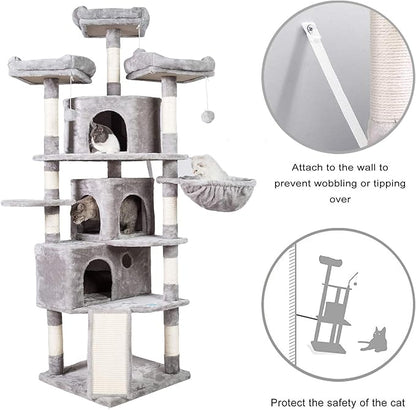 Hey-brother XL Size Cat Tree, 73.4 inch Cat Tower with 3 Caves, 3 Cozy Perches, Scratching Posts, Board, Activity Center Stable for Kitten/Gig Cat, Light Gray MPJ032W