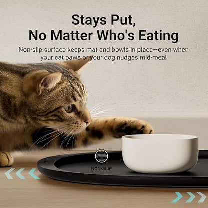 DownyPaws Cat Food Mats for Floors Waterproof, BPA Free Silicone Pet Feeding Mat, Non-Slip Pet Food Mat with High Raised Edge, Cat Placemat for Messy Drinkers, 18"×12.5", Black