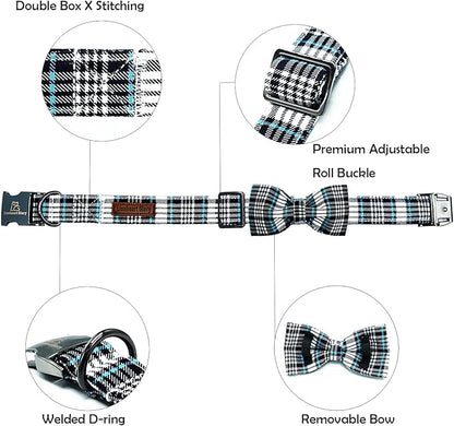 Lionheart glory Dog Bow Collar Blue and Black Plaid Dog Collar for X-Large Dogs,Boy Dog Collars with Bowtie Spring Summer Collars Soft Adjustable Pet Collar Bows