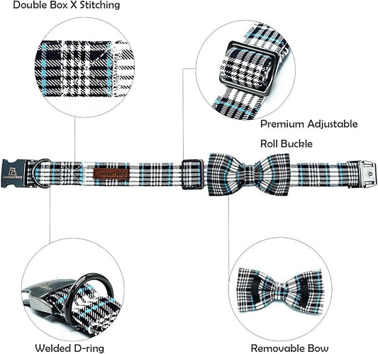 Lionheart glory Dog Bow Collar Blue and Black Plaid Dog Collar for X-Large Dogs,Boy Dog Collars with Bowtie Spring Summer Collars Soft Adjustable Pet Collar Bows
