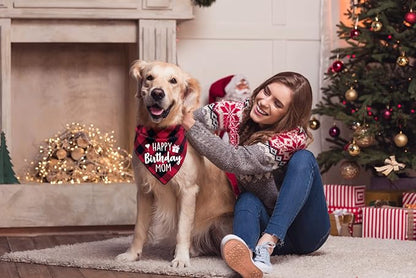 Ptzizi Funny Red Plaid Happy Birthday Mom Dog Printed Triangle Bandana, Small Medium Large Girl Pet Dog Birthday Party Scarf Bib Accessories Gift for Pet Dog Lovers Gift