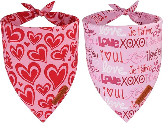 ADOGGYGO Valentine Dog Bandanas 2 Pack, Reversible Heart Love Print Puppy Scarf, Premium Fabric, Adjustable Fit Pink Red Valentine Bandanas for Small Dogs (Small)