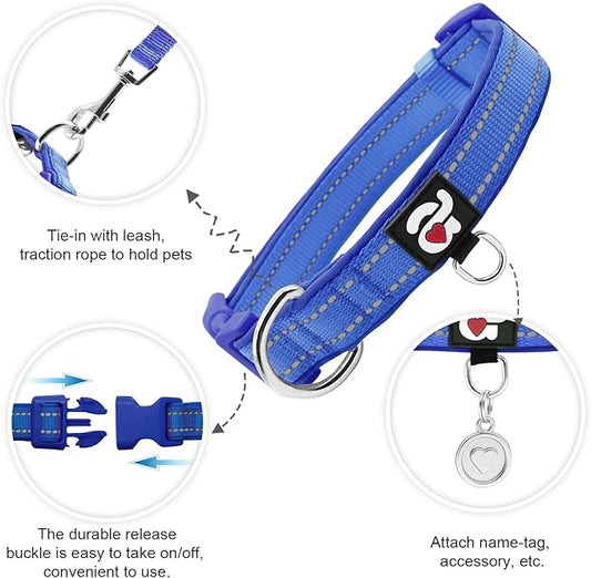 azuza Reflective Dog Collar,Soft Neoprene Padded Pet Collar with ID Tag Ring,Adjustable for Puppy and Small Dogs,Royal Blue,XS