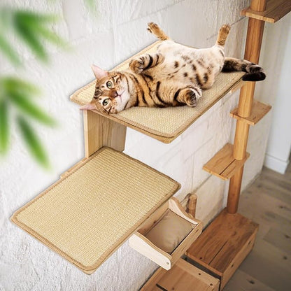 Cat Wall Shelves, Wall Mount Adult Cat Tree with 2 Steps 2 Sisal Scratch Mats, Solid Wood Kitten Bed Pet Climber for Indoor Play, Climb, Jump, Nap, Rest