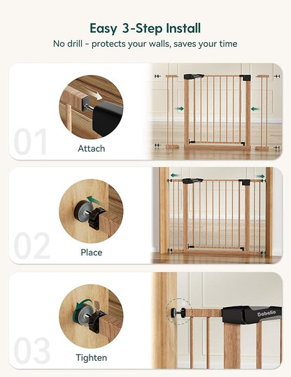 Mom's Choice Award Winner-BABELIO 26-40" Metal Baby Gate with Wood Pattern, PressGuard C5 Easy Install Pressure Mounted Dog Gate for Stairs and Doorways, with Wall Protectors and Extension Kits