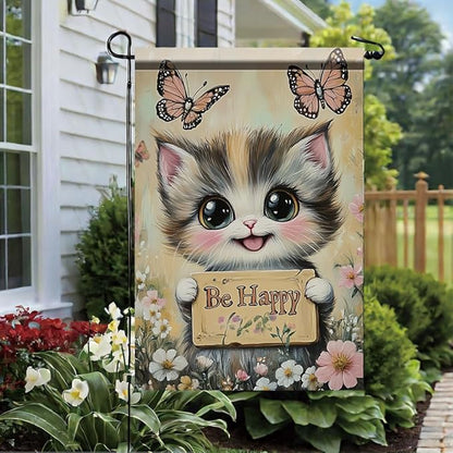 Be Happy Cat Garden Flag 12x18 Inch Double Sided Outdoor Yard Banner Cute Kitten with Butterflies and Flowers for Spring Summer Patio Porch Lawn Home Decoration