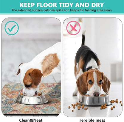 Moroccan Trellis Dog Food & Water Mat, Mexican Talavera Boho Colorful Pet Feeding Mat for Floor Non-Slip Waterproof, Super Absorbent Cat Bowl Mat, Easy to Clean Durable Pet Placemat,17" × 30"
