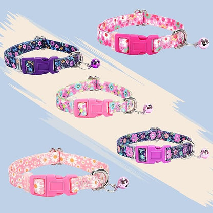 Puppy Collar with Bell，Nylon - Adjustable XXS/XS Tiny Dog & Cat Collar for Small Breeds,Soft Pink Collar with Quick-Release Buckle（Flowers XS）