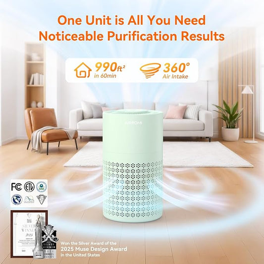 AIRROMI Air Purifier for Bedroom with HEPA 3-in-1 Filter, Pet Air Purifier for Home Cat Pee Smell, Covers Upto 990 Ft², Quiet 360°intake Air Cleaner for pet hair,allergies,Dust,Smoke A2001 Green