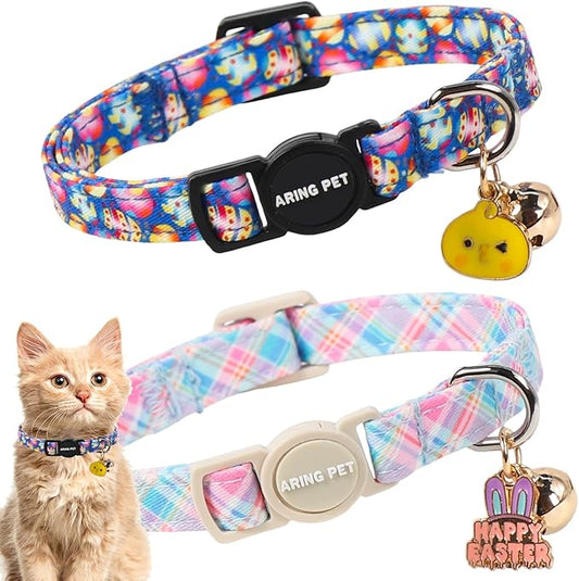 ARING PET 2 Pack Easter Dog Cat Collars, Cute Breakaway Kitten Small Easter Egg Collars with Bells for Girl Boy Cats-Colorful & Purple