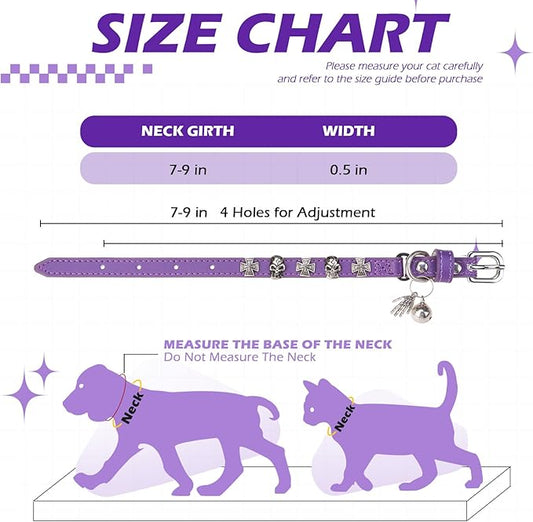 EXPAWLORER Leather Cat Collar for Girl Boy- Adjustable Pet Collar with Safety Elastic Belt,Personalized Punk Accessories Buckle Collars with Bell & Durable D-Ring, Skull(Purple)