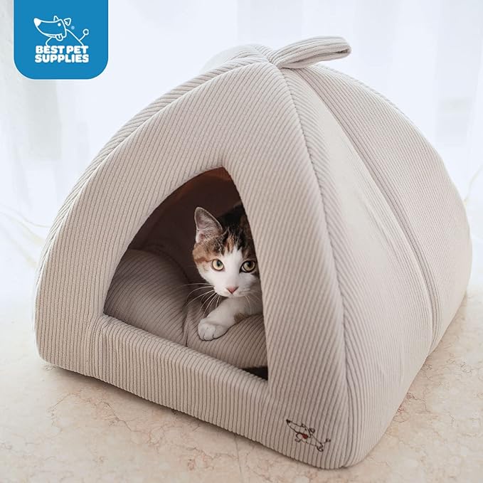 Best Pet Supplies Dog House Bed Crate Mat Tent Indoor Round Soft Plush for Small, Medium, and Large Breeds - Beige Corduroy, 19 x 19 x H:19"