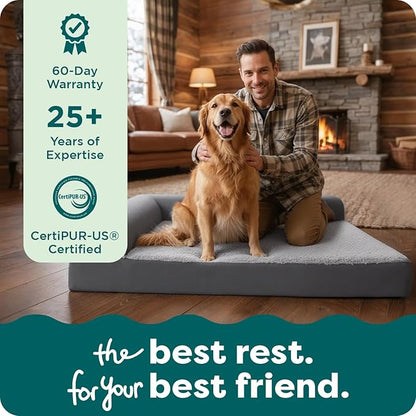 Furhaven Orthopedic Dog Bed for Large Dogs w/ Removable Bolsters & Washable Cover, For Dogs Up to 95 lbs - Two-Tone Plush Faux Fur & Suede L Shaped Chaise - Stone Gray, Jumbo/XL