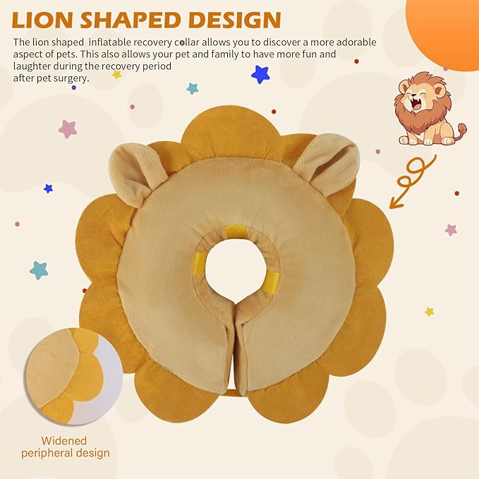 IEUUMLER Inflatable Recovery Dog Collar, Protective Donut Cone, Adjustable Soft Collar for Dog and Cat After Surgery Prevent from Biting & Scratching EU002 - Brown Lion M+