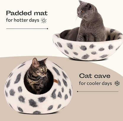 MEOWFIA Cat Cave – Premium Felt Cat Bed for Indoor Cats, Handmade Merino Wool (Snow Leopard, Large)