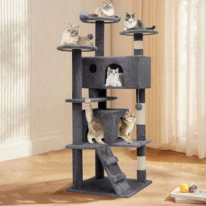 Athena Collection Cat Tree, 54 Inch Cat Tree Tower for Indoor Cats, Multi-Level Cat Tower House Activity Center with 2 Cat Condo & Scratching Post & Dangling Ball, Tall Cat Climbing Tower, Darkgray