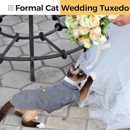 DENTRUN Cat Tuxedo Outfit, Sphynx Cat Costume Formal Suit with Bow Tie, Stylish Cat Shirt Fashion Apparel Fancy Clothes, Kitten Formal Attire Wedding Onesie Costume for Cats Only