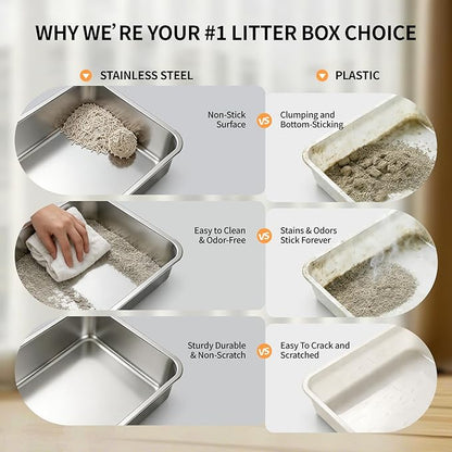 Stainless Steel Cat Litter Box with Lid, Extra Large Enclosed Metal Litter Pan with High Sides, Full Flip Cover Litter Box for Large Cat, Include Scoop & Step, Leak Proof Easy Clean Odor Control, Grey