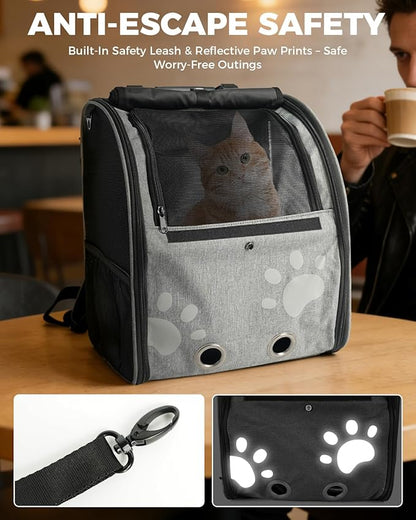 Cat Carrier Backpacks for Kitty Small Dog up to 15 lbs, Lightweight and Foldable Dog Backpack Carrier with Breathable mesh for Travel, Walking, Hiking, Camping and Vet (Grey)