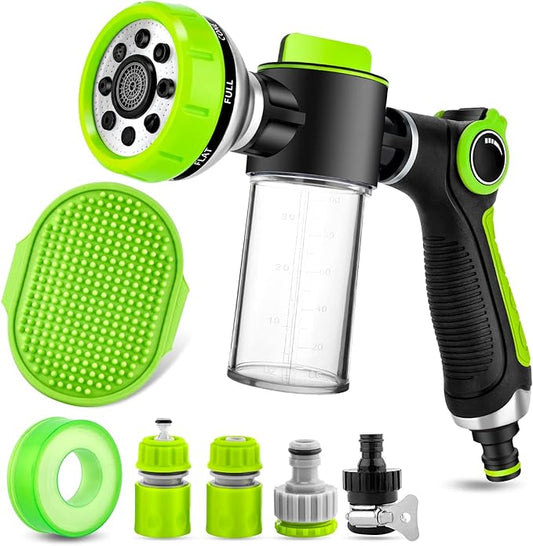 Dog Washing Hose Attachment, 8-in-1 Sprayer Mode Garden Hose Nozzle with Pet Bathing Brush and 100cc Soap Dispenser Bottle, Adopted in Watering Flowers, Car Wash, Dog and Horse Showering (Green)