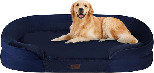 Dwanton Orthopedic Dog Bed for Large Dogs with Gel Memory Foam, Waterproof Dog Sofa, Washable Pet Bed with Four Sided Bolster Cushion, Removable Cover & Non-Slip Bottom, 42", Navy Blue