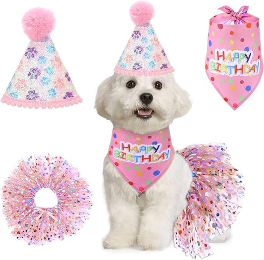 Dog Birthday Bandana with Hat and Dress Girl Set Puppy Birthday Party Supplies Cute Tutu Skirt Outfit for Small Medium Large Dogs Decorations(Purple) (Rose red)
