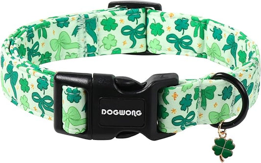DOGWONG St Patrick's Day Dog Collar-Cute Green Clovers Dog Collar, Adjustable Cotton Shamrock Pet Collar Trefoil Puppy Collars with Quick Release Buckle,XL