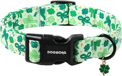 DOGWONG St Patrick's Day Dog Collar-Cute Green Clovers Dog Collar, Adjustable Cotton Shamrock Pet Collar Trefoil Puppy Collars with Quick Release Buckle,M