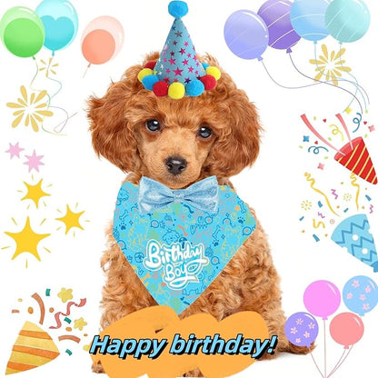 Happy Birthday Dog Party Supplies Kit - Dog Party Hat, Bandana, Bowtie & Happy Birthday Banner Decorations for Small Dogs, Puppy Birthday Outfit Accessories & Pet Birthday Party Decor (Blue)