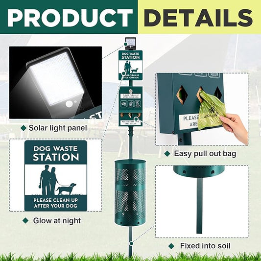 Dog Waste Station with Solar Panels Outdoor LED Galvanized Steel Dog Trash Bin Dispenser Light up at Night Rust Proof Pet Trash Station for Commercial Park Backyard(Classic)