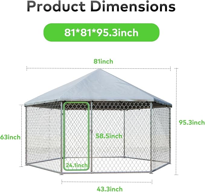 6.8x6.8 FT Outdoor Dog Kennel Outside Heavy Duty Dog Enclosure with Waterproof Cover and Security Lock, Galvanized Wire Mesh Hexagonal Large Dog Kennel(81x81x95.3IN)