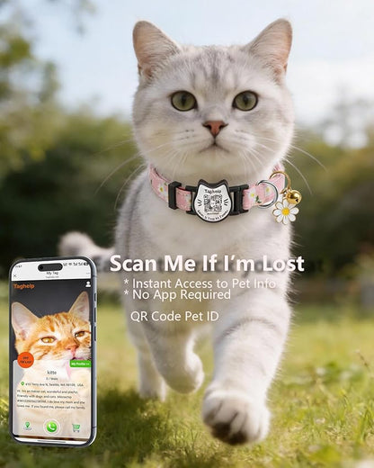 Cute Floral Breakaway Cat Collar with QR Code ID Tag, Soft Cotton Adjustable Kitten Collar with Bell, Personalized Scan ID for Cats, Daisy Pattern,Flower Pendant (Pink)
