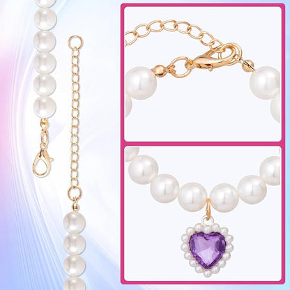 2pcs Cat Pearl Collar with Heart Pendant, Cute Pearl Pet Necklace in Small, Adjustable Wedding Party Small Dog Jewelry Accessories for Puppy Kitten- White & Purple