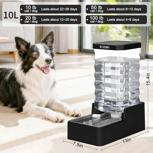 RIZZARI Stainless Steel Dog Water Dispenser : 10L Lagre Capacity Gravity Waterer - Anti-Tip Stay-Put Base - No Power Needed - Leak-Proof Auto Refill - for Large Dogs - Apartment/Office/Pet Corner