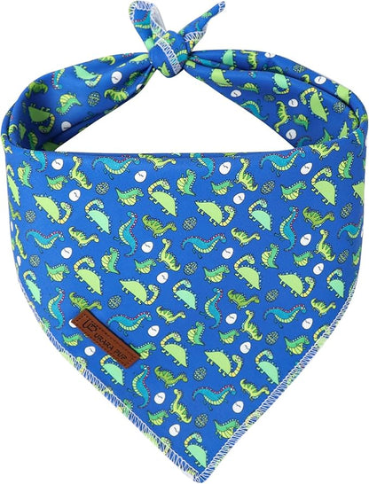 Summer Dog Bandana, UP URARA PUP Dinosaur Triangle Bid Scarf for Medium Large Dogs, Cotton Kerchief for Girl Boy Puppies, Cute Summer BlueBandana,L