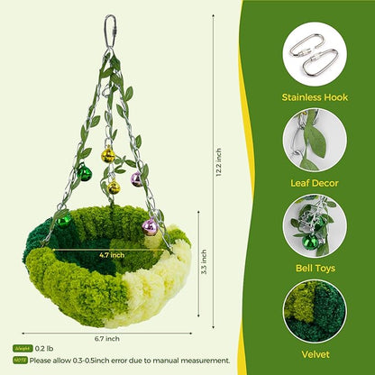 Bird Nest with Bell for Cage,Plush Hanging Bird Bed for Parakeet Indoor & Outdoor,Breeding Bird House for Conure,Budgie,Cockatiel,Lovebird,Canary,Finch,Hamster,Small Pets,Warm Nest,Green L