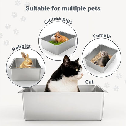 Kirecoo Stainless Steel Cat Litter Box XXL- Metal High Sided Cat Pan, Large Stainless Steel Box, Indoor Litter Tray, Non Stick, No Smell, Easy to Clean, Pet Toilet Supplies for Kitten, Kitty, Rabbit