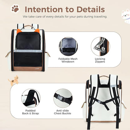 Lekereise Ventilated Dog Backpack Carriers, Cat Carrier Backpacks with Breathable Mesh for Small Cats Dogs Up to 17 Lbs, Pet Foldable Backpack Great for Travel Hiking Camping Outdoor Beige-Orange Ears