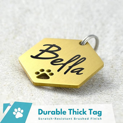Ultra Joys Dog Tags Personalized for Pets - Hollow Paw Custom Pet ID Tag - Engraved Dog Tag for Small, Large Dogs - Large Hexagon in Gold