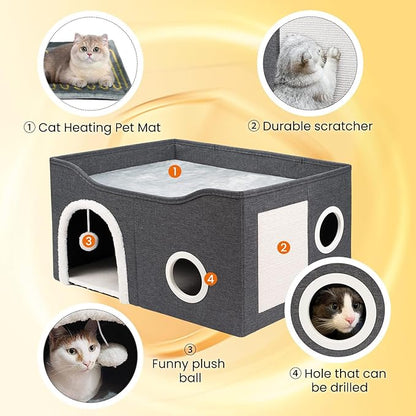 Indoor Heated Cat House, Adjustable Temperature Cat Heating Bed with Timer and Chew Resistant Cord, Large Cat House with Heating Pad for Small Medium and Large Cats